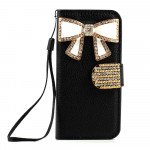 Wholesale iPhone 5 5S Crystal Flip Leather Wallet Case with Stand Strap (RibbonTie Black)